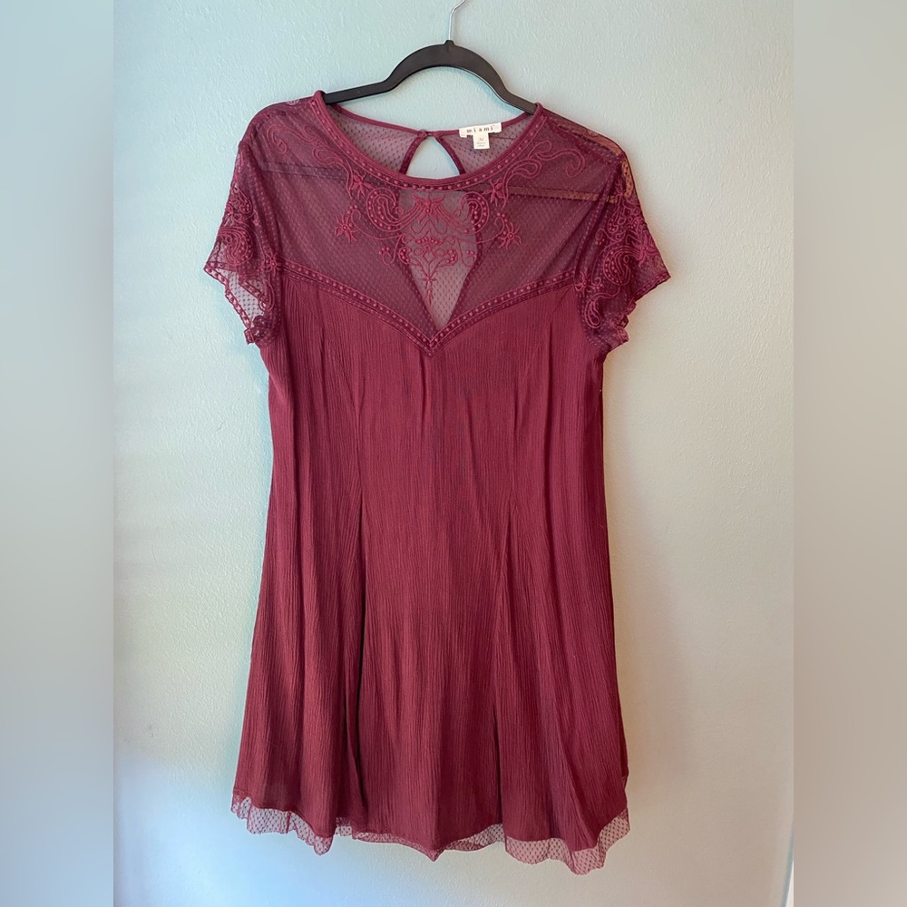 Miami at Francesca’s burgundy floral embroidery and mesh mini dress